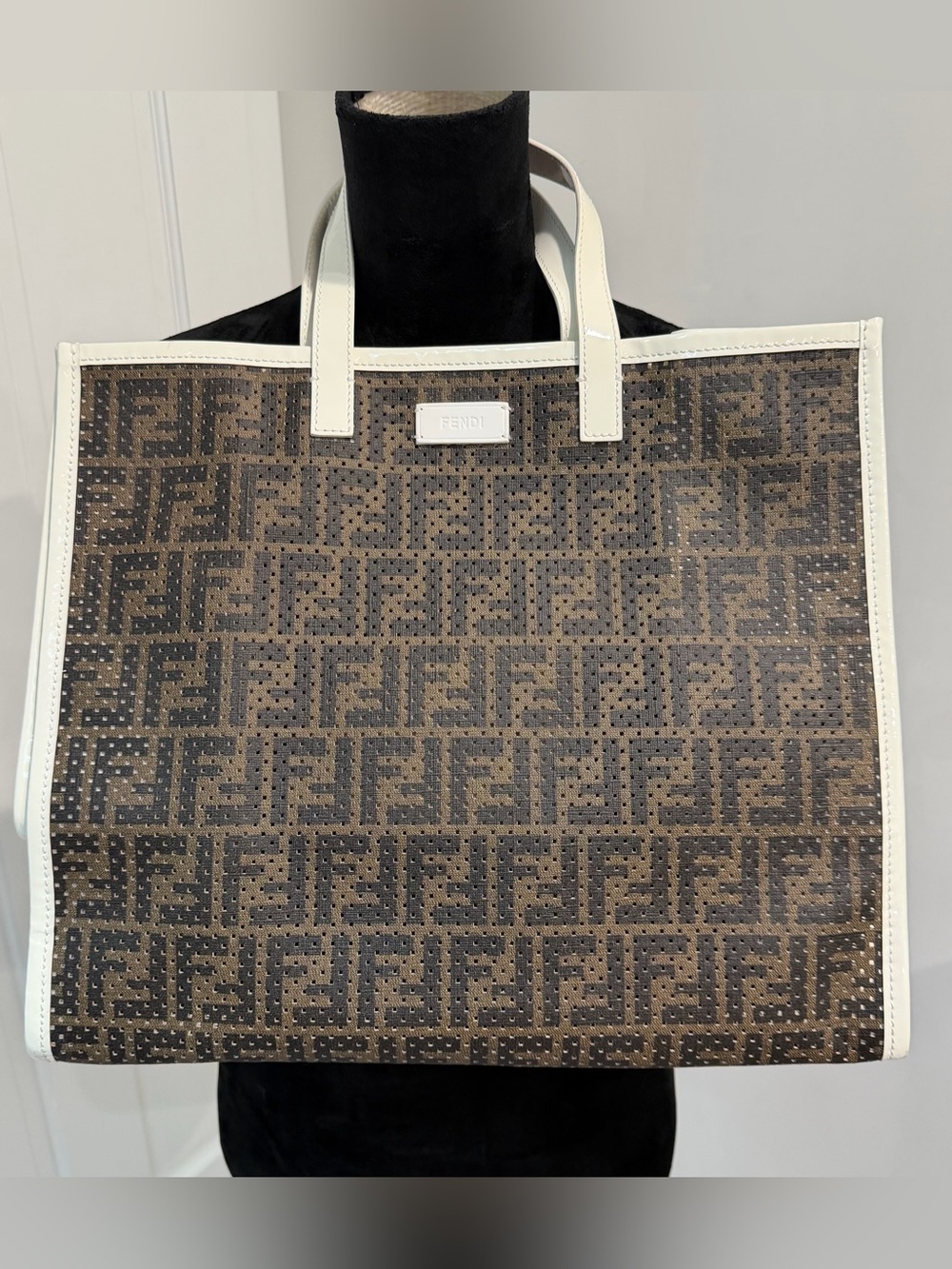 Fendi Brown FF Logo Tote with White Trim and Handles